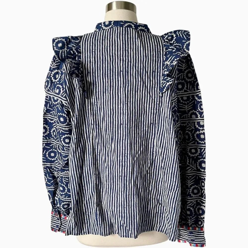 Sezane Coletta Cotton Blouse Blue Ivory Stripe Button Front Shirt Size 46 Rayure - Picture 4 of 8
